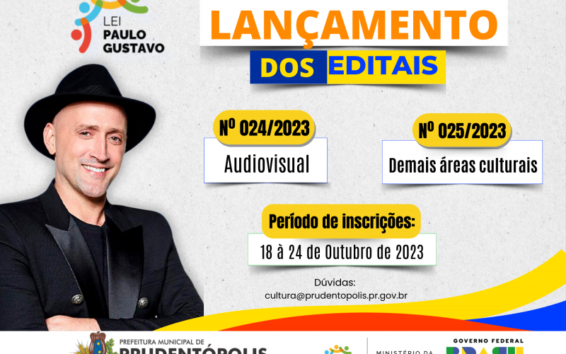 Cultura de Prudentópolis lança editais de fomento da Lei Paulo Gustavo com inscrições até o dia 24 de Outubro