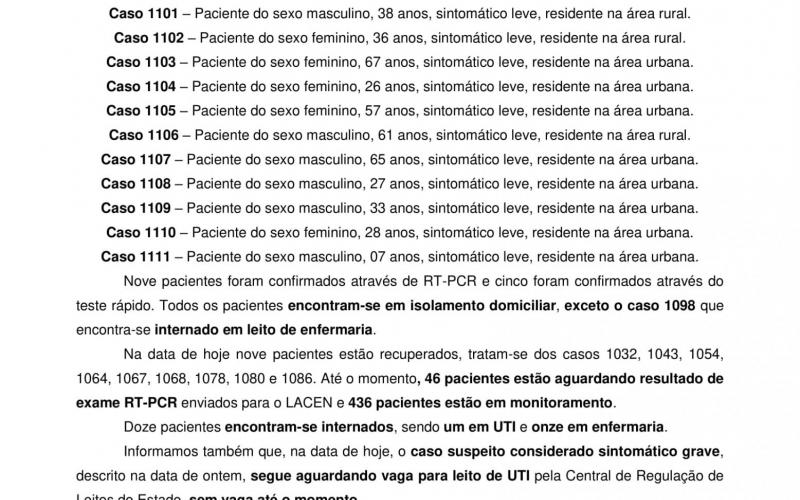 NOTA OFICIAL - 63 CASOS ATIVOS E 1026 CASOS RECUPERADOS COVID-19