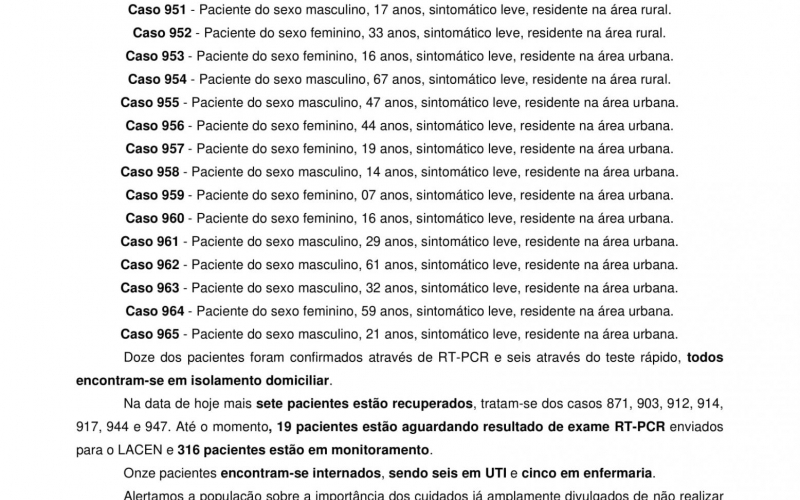 NOTA OFICIAL - 60 CASOS ATIVOS E 878 CASOS RECUPERADOS COVID-19