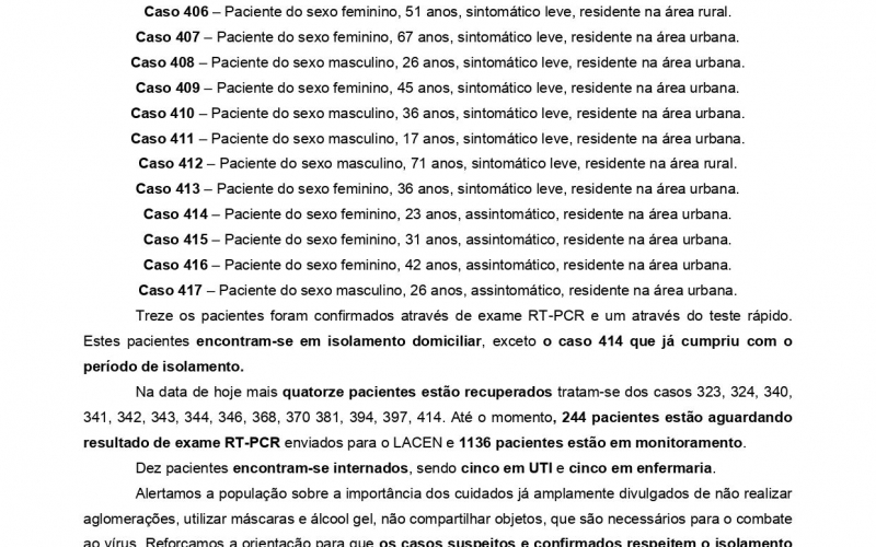NOTA OFICIAL - 64 CASOS ATIVOS E 348 CASOS RECUPERADOS COVID-19	