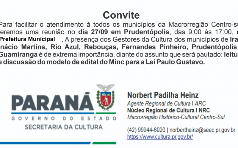 Convite: Prudentópolis sediará  encontro regional dos gestores de culturais no dia 27/09