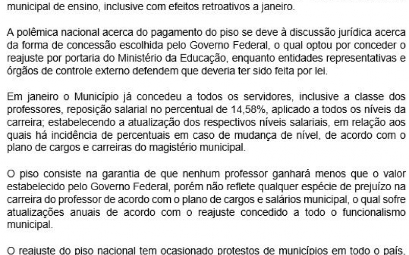 GESTÃO MUNICIPAL AUTORIZA O PAGAMENTO DO PISO NACIONAL DA EDUCAÇÃO AOS PROFESSORES DA REDE MUNICIPAL DE ENSINO.